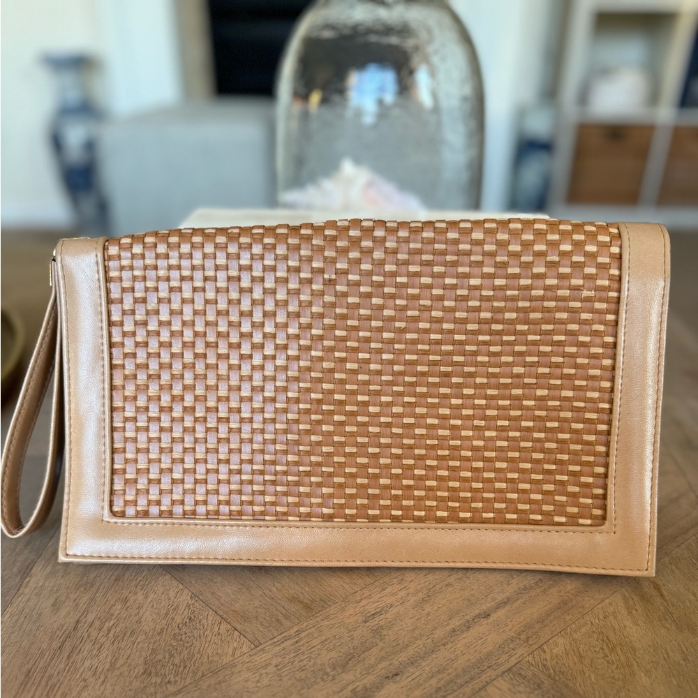 Vintage Rattan Handheld Wrist Clutch Handbag Purse Tan Brown